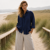 Navy Blue Full Sleeve Linen Shirt for Women – Breathable and Sustainable Essential